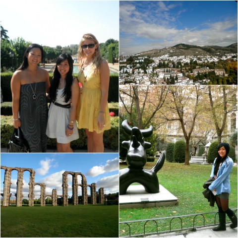 Kacie posing with friends, in front of a statue, and scenic views of Spain.