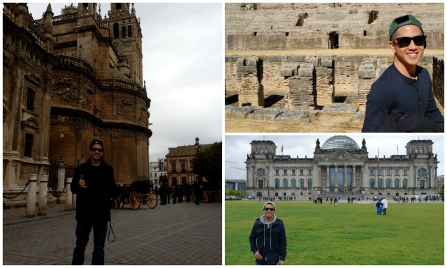 A collage of Mick standing before various historical buildings in Spain.